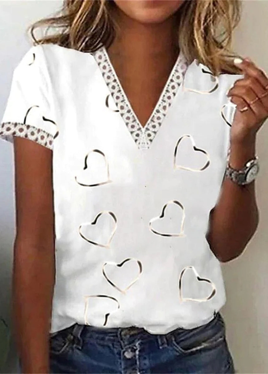 V-neck Lace Printed Sleeve Hem Lace Trimmed Short-sleeved T-shirt