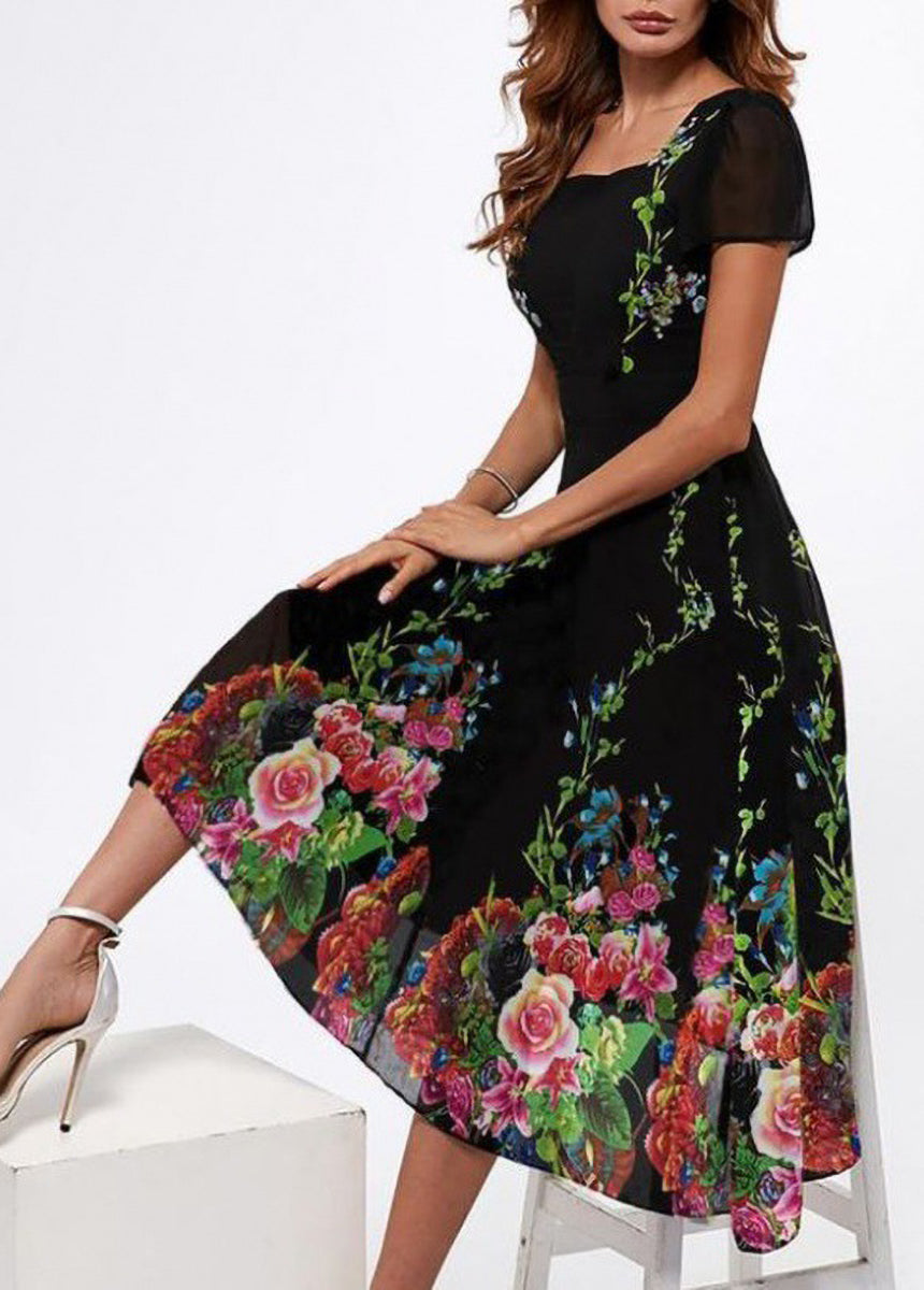 Square Neck Short Sleeve Multicolor Printed Dress