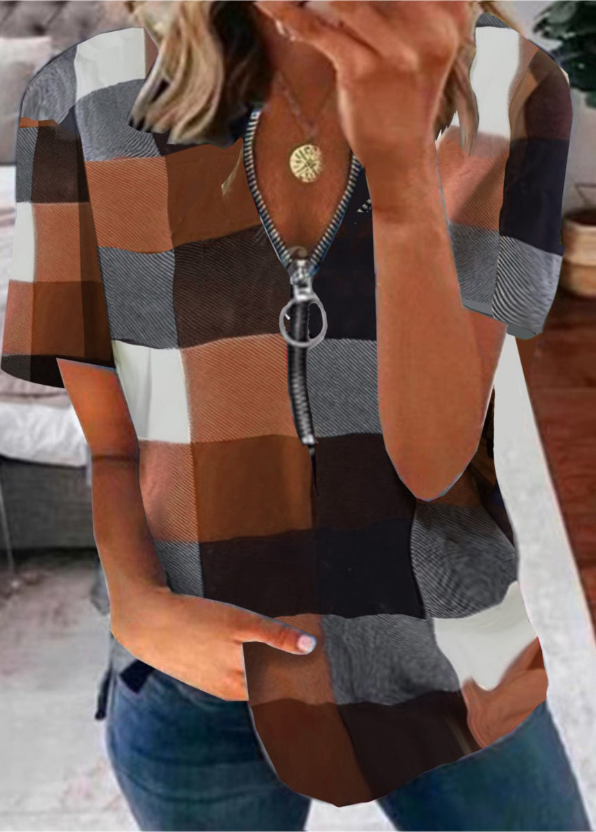 Zipper Plaid Print Short Sleeve T-shirt