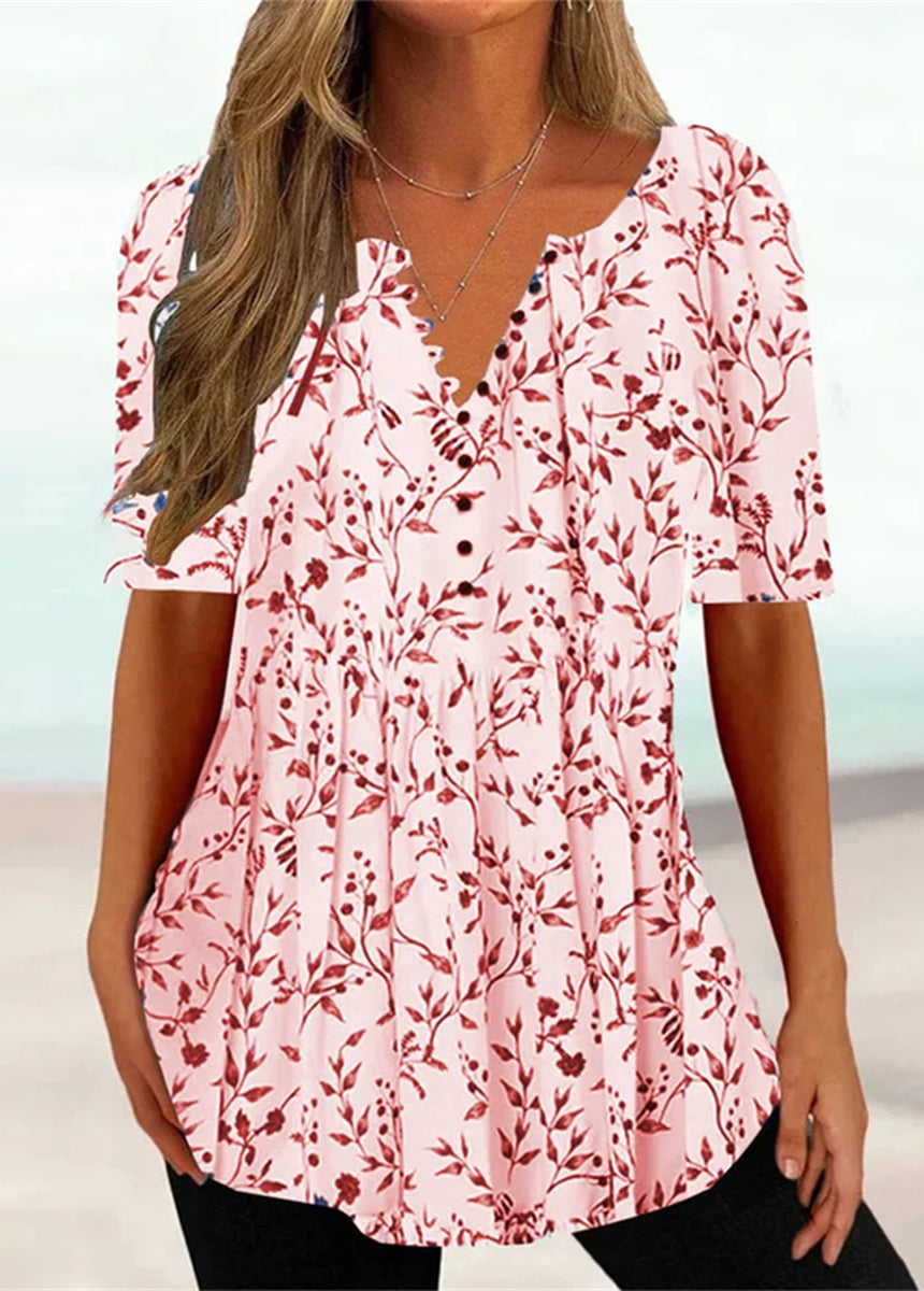V-Neck Short Sleeve Pleated Button-Down Shirt