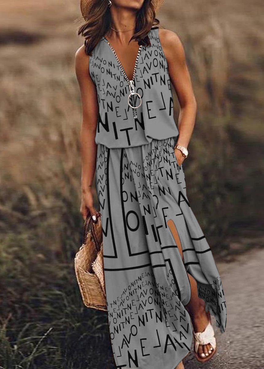 Sleeveless Casual Waist-tie Zipper Letter Print Dress