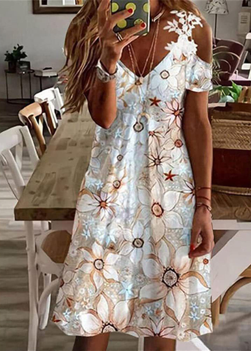 Feather Printed Lace Edge Off-The-Shoulder Ladies' Sling Dress