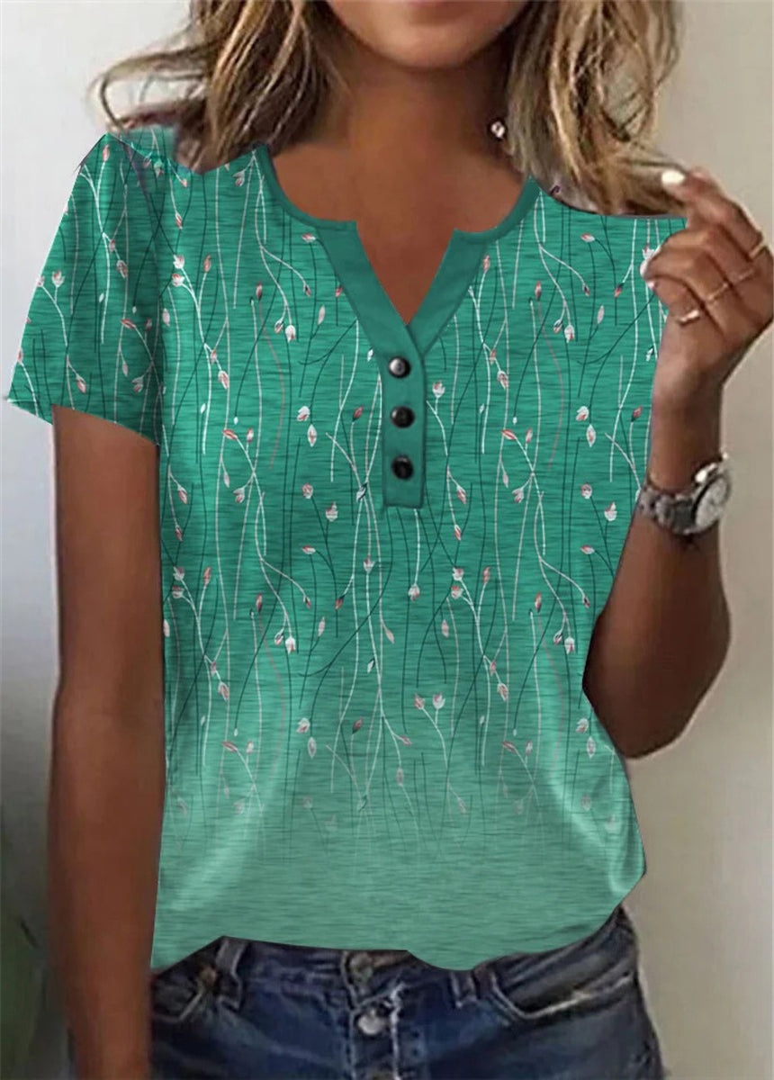 Button-Up V-Neck Printed Short-Sleeved T-Shirt