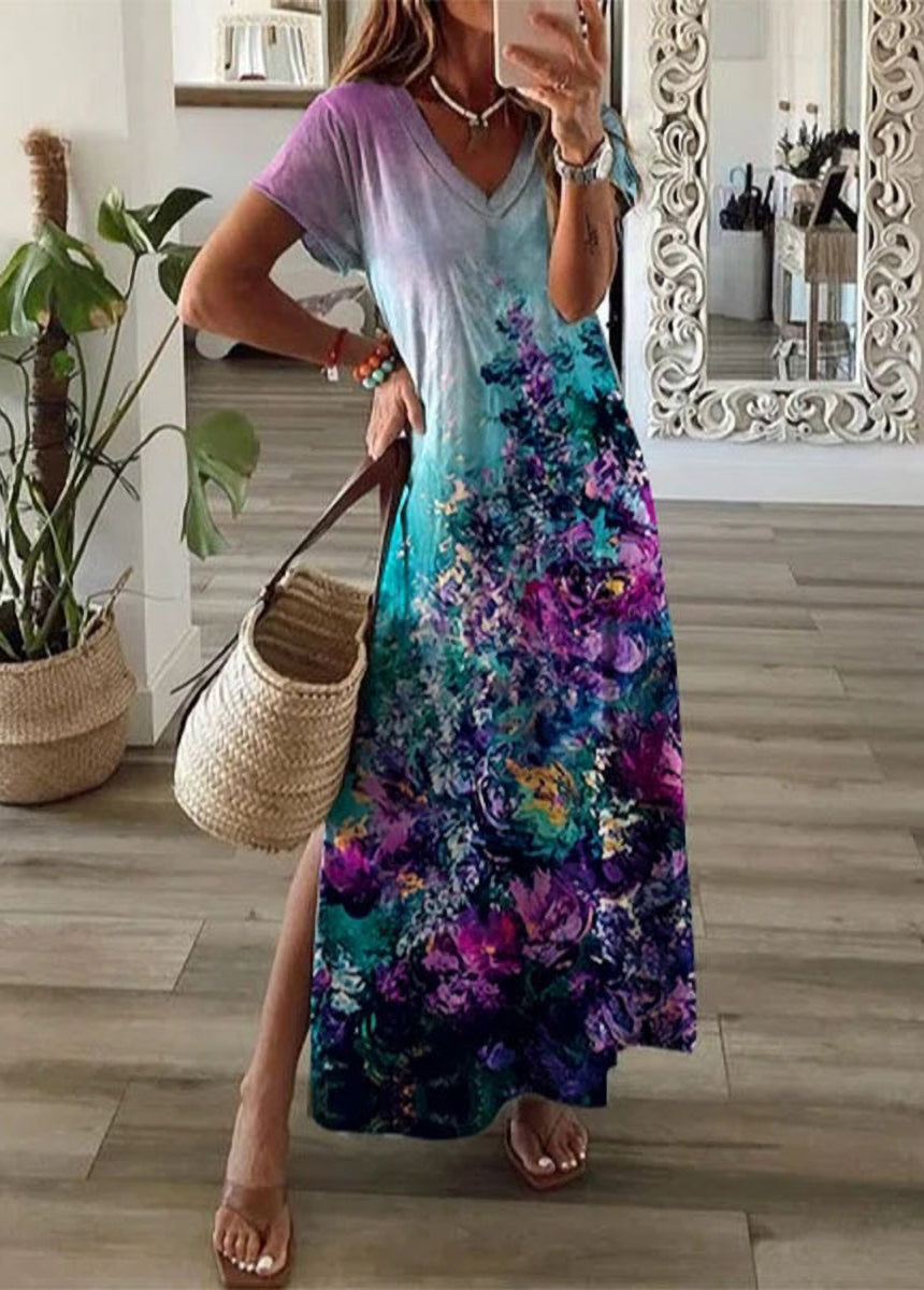 Printed Slit Short-Sleeved Dress
