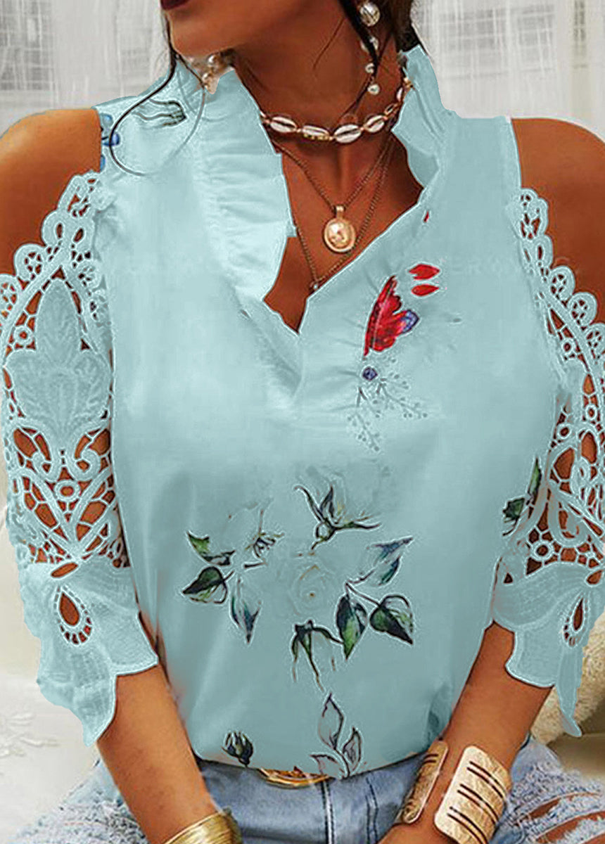 Floral Print Off-Shoulder Lace Patchwork Long Sleeve T-Shirt