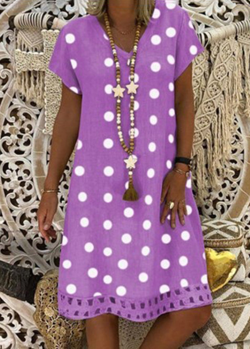 Fashionable Polka Dot Short Sleeve V-neck Print Dress