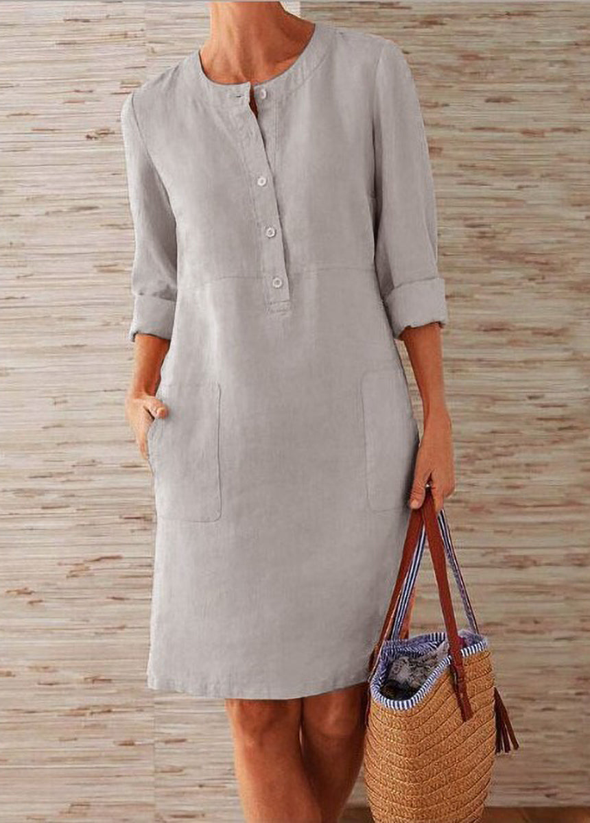 Cotton And Linen Round Neck Long-Sleeved Dress