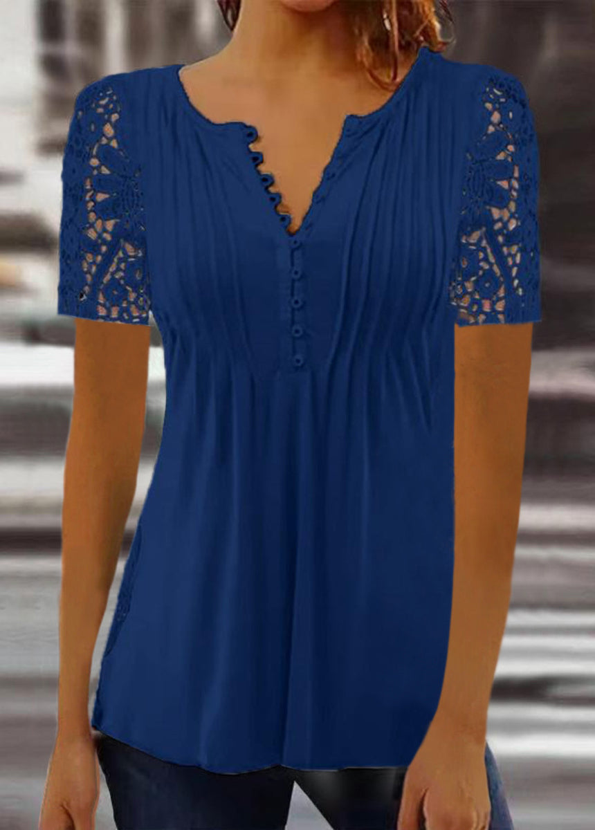 Lace Trim Pleated Solid Color Printed Button-Up Short Sleeve T-Shirt