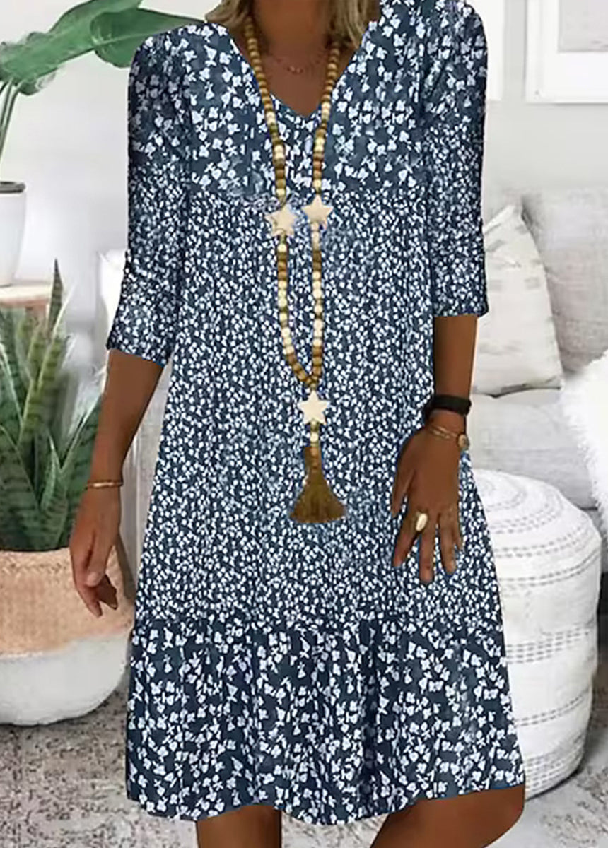 Printed Mid-Sleeve V-Neck Dress