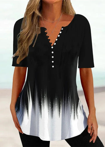 V-neck Button Printed Short-sleeved T-shirt