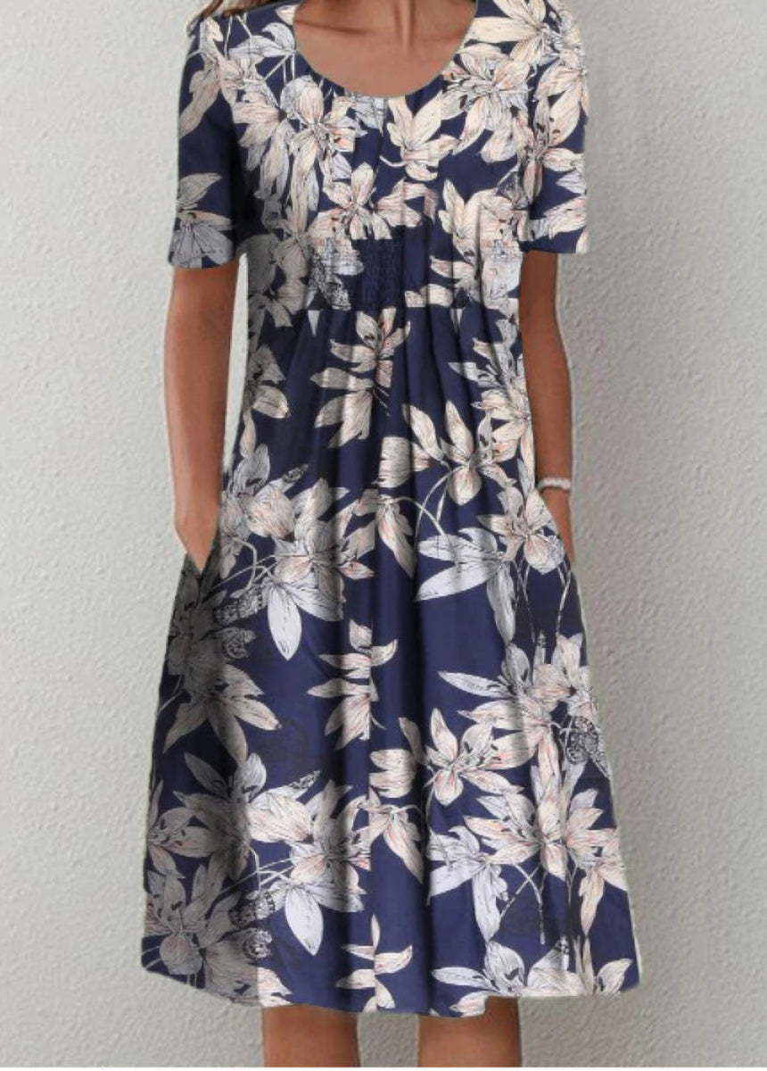 Printed Round Neck Short Sleeve Dress