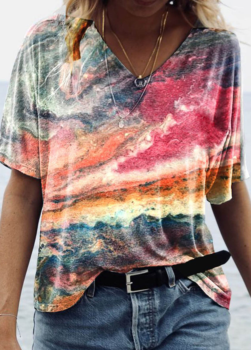 V-Neck Short Sleeve Marble Print T-Shirt