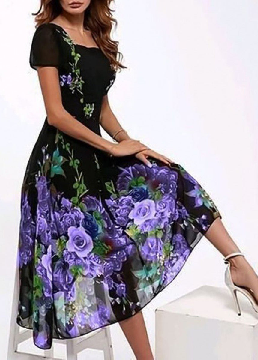Square Neck Short Sleeve Multicolor Printed Dress