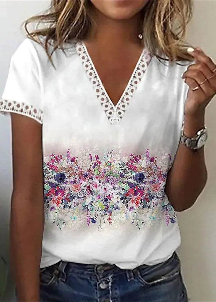 V-neck Lace Printed Sleeve Hem Lace Trimmed Short-sleeved T-shirt