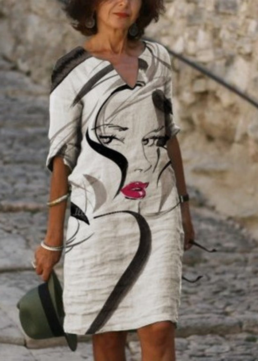 Bamboo And Linen Broken Flower Retro Literary Round Neck Short Sleeve Dress