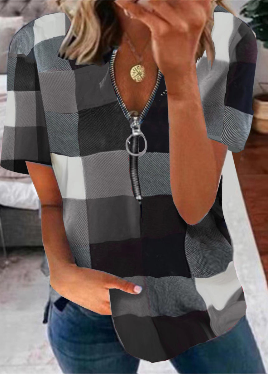 Zipper Plaid Print Short Sleeve T-shirt