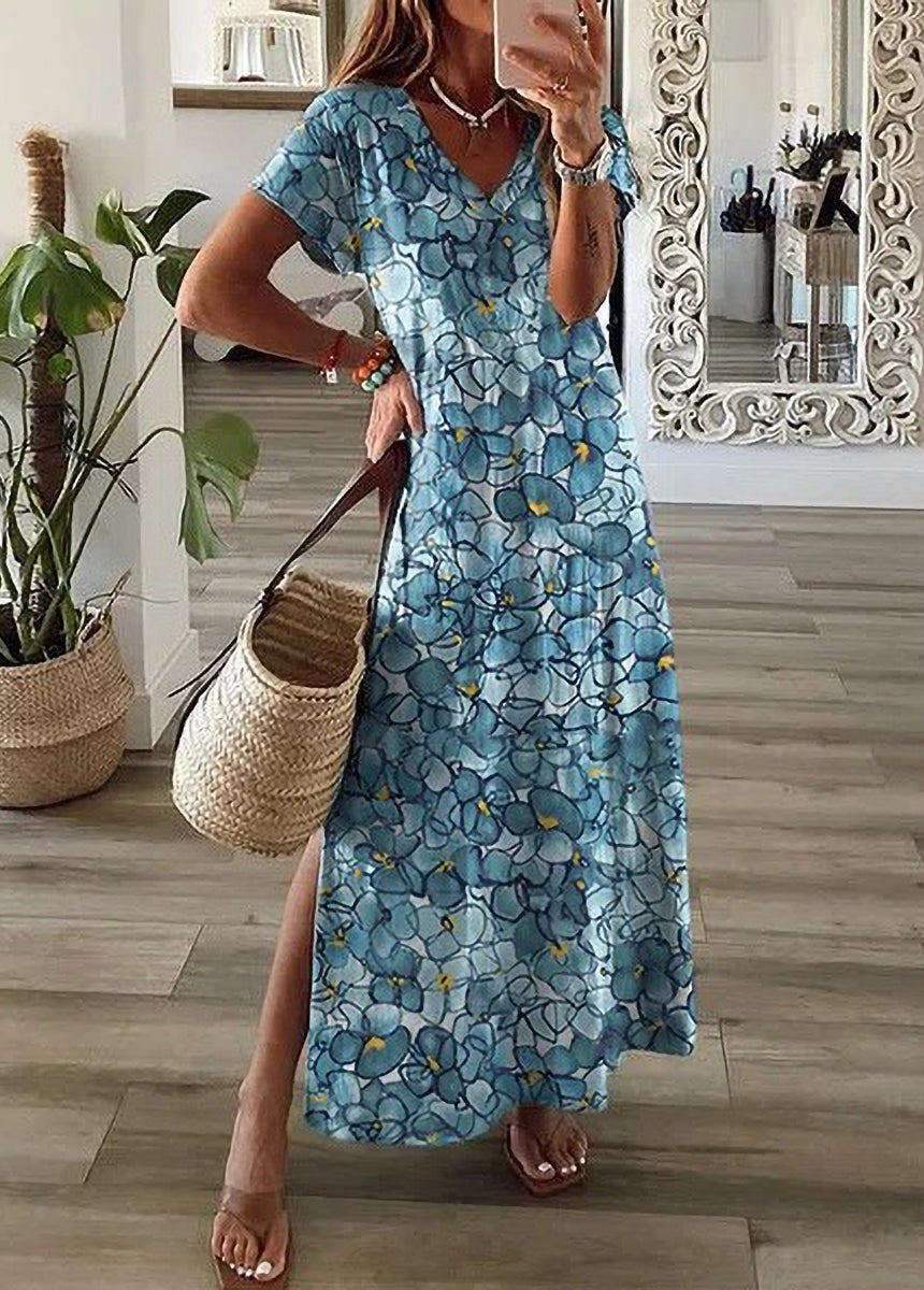 Printed Slit Short-Sleeved Dress