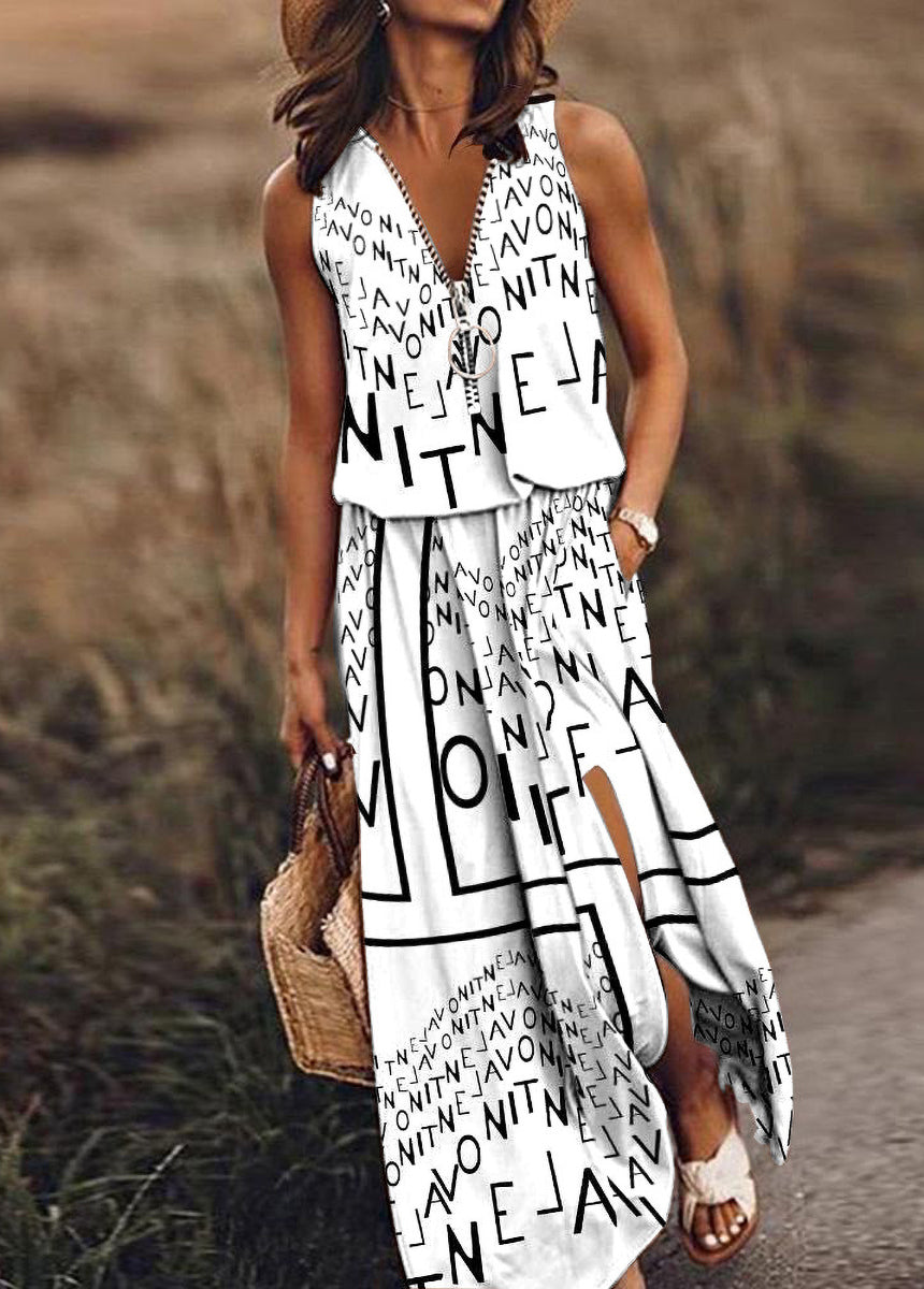 Sleeveless Casual Waist-tie Zipper Letter Print Dress