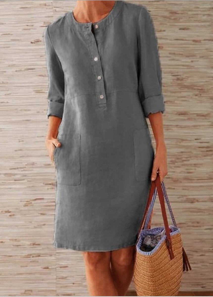 Cotton And Linen Round Neck Long-Sleeved Dress