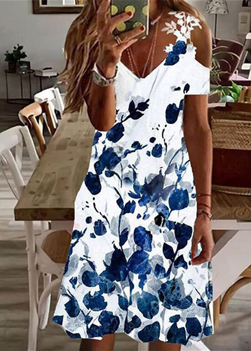 Feather Printed Lace Edge Off-The-Shoulder Ladies' Sling Dress