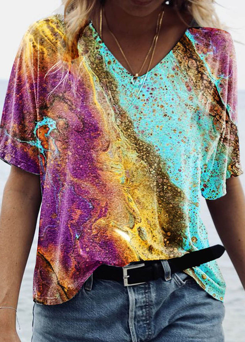 V-Neck Short Sleeve Marble Print T-Shirt