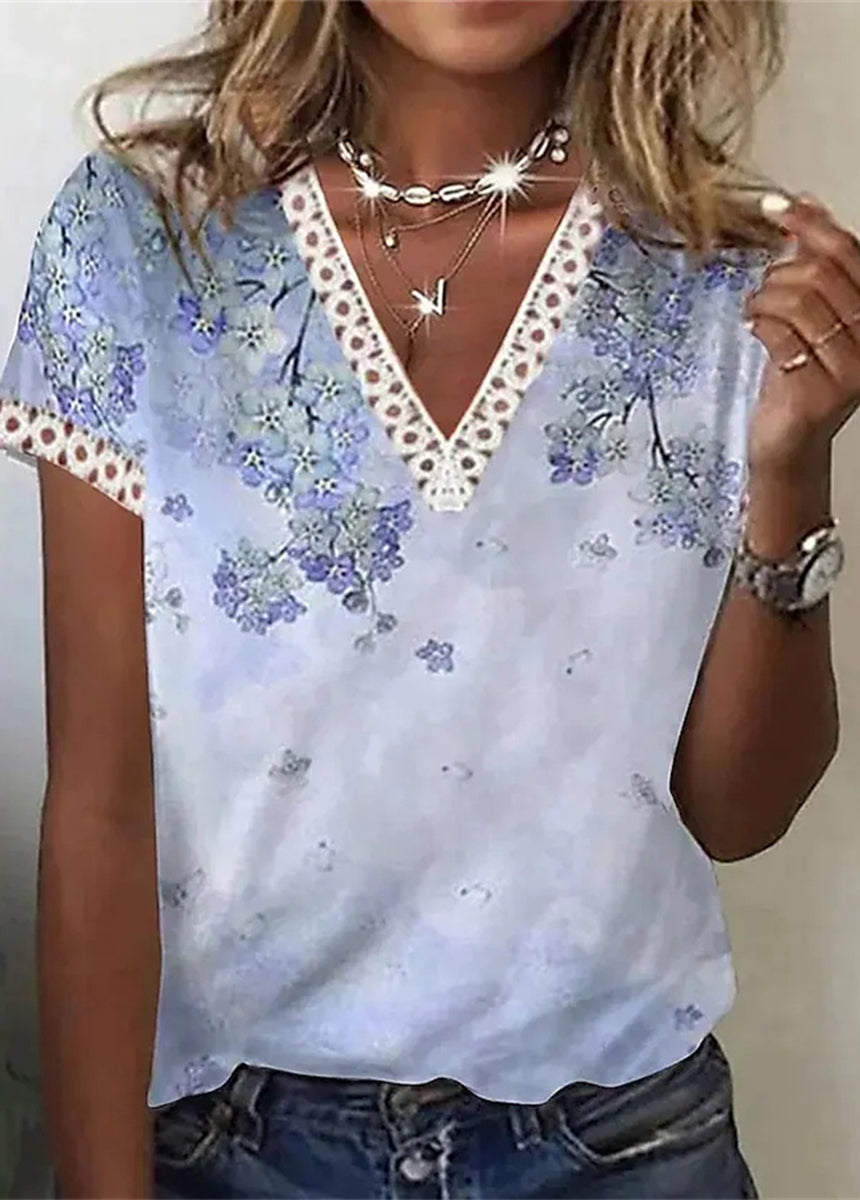 V-neck Lace Printed Sleeve Hem Lace Trimmed Short-sleeved T-shirt