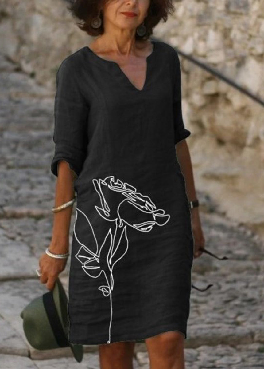 Bamboo And Linen Broken Flower Retro Literary Round Neck Short Sleeve Dress