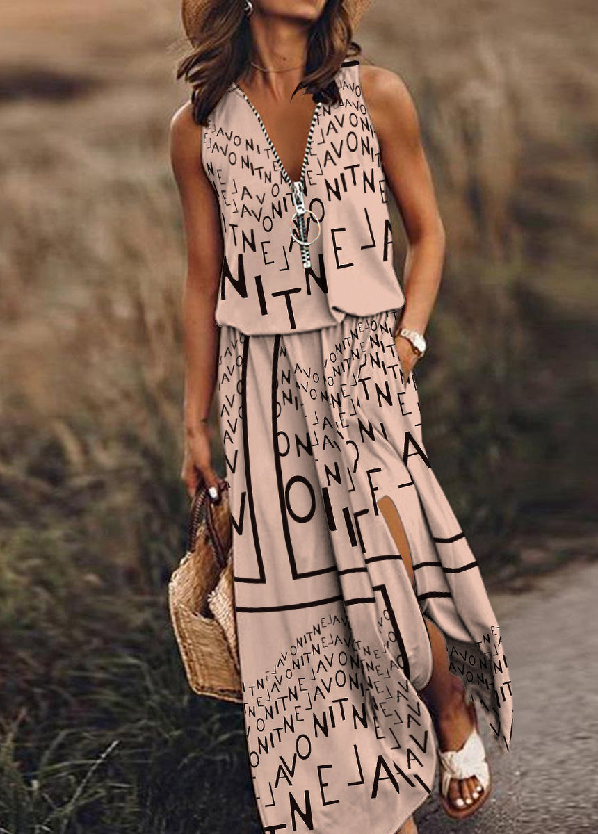 Sleeveless Casual Waist-tie Zipper Letter Print Dress