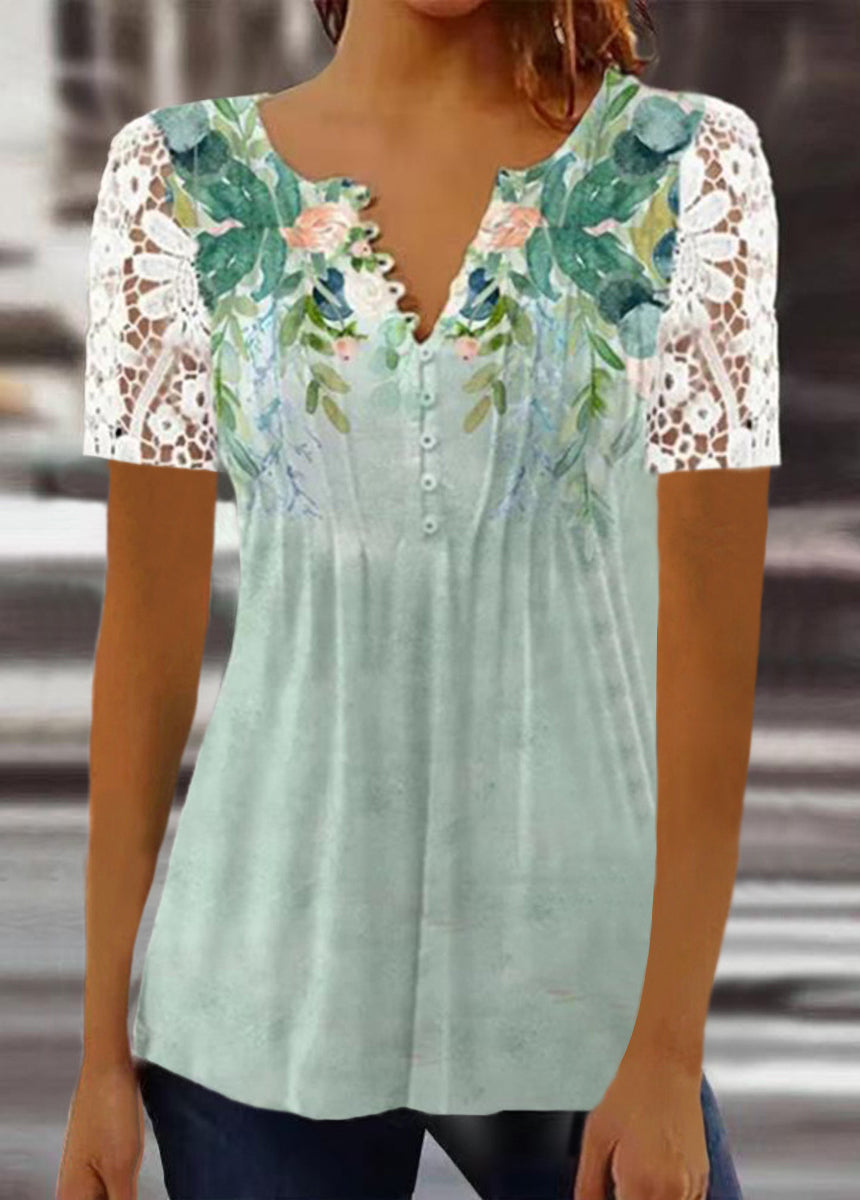 Lace Trim Pleated Solid Color Printed Button-Up Short Sleeve T-Shirt