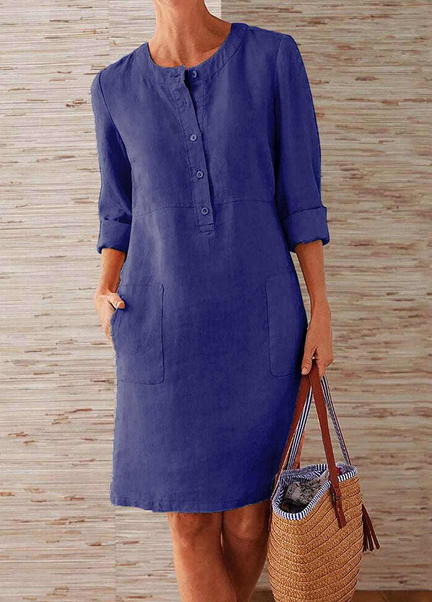 Cotton And Linen Round Neck Long-Sleeved Dress