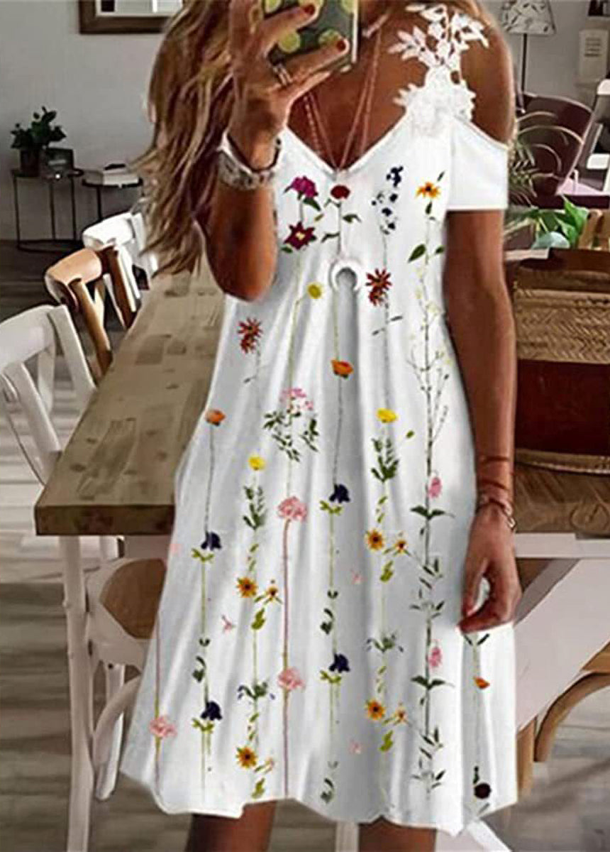 Feather Printed Lace Edge Off-The-Shoulder Ladies' Sling Dress