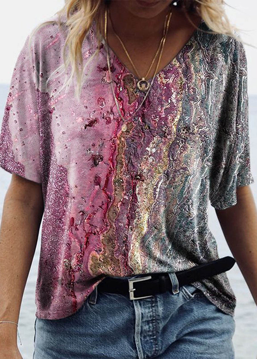 V-Neck Short Sleeve Marble Print T-Shirt