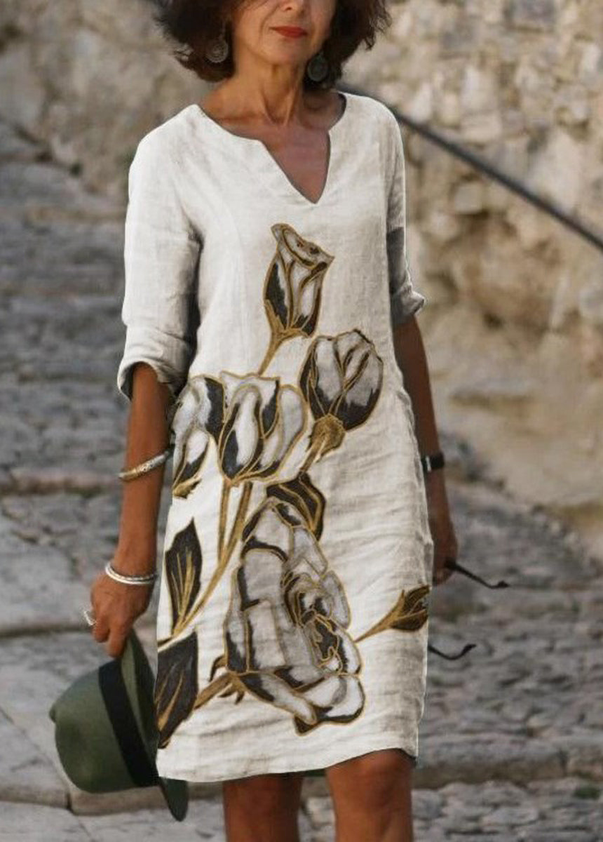 Bamboo And Linen Broken Flower Retro Literary Round Neck Short Sleeve Dress