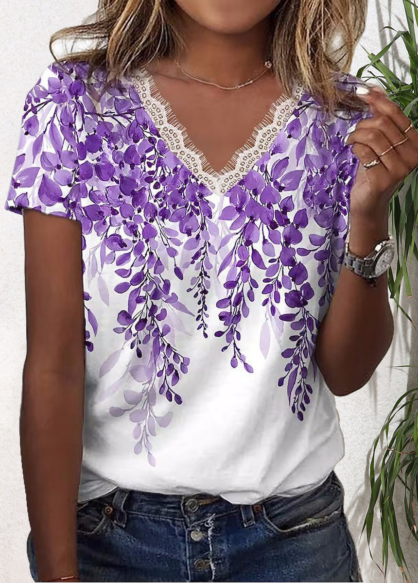 Printed V-neck Lace Hem Short Sleeve T-shirt