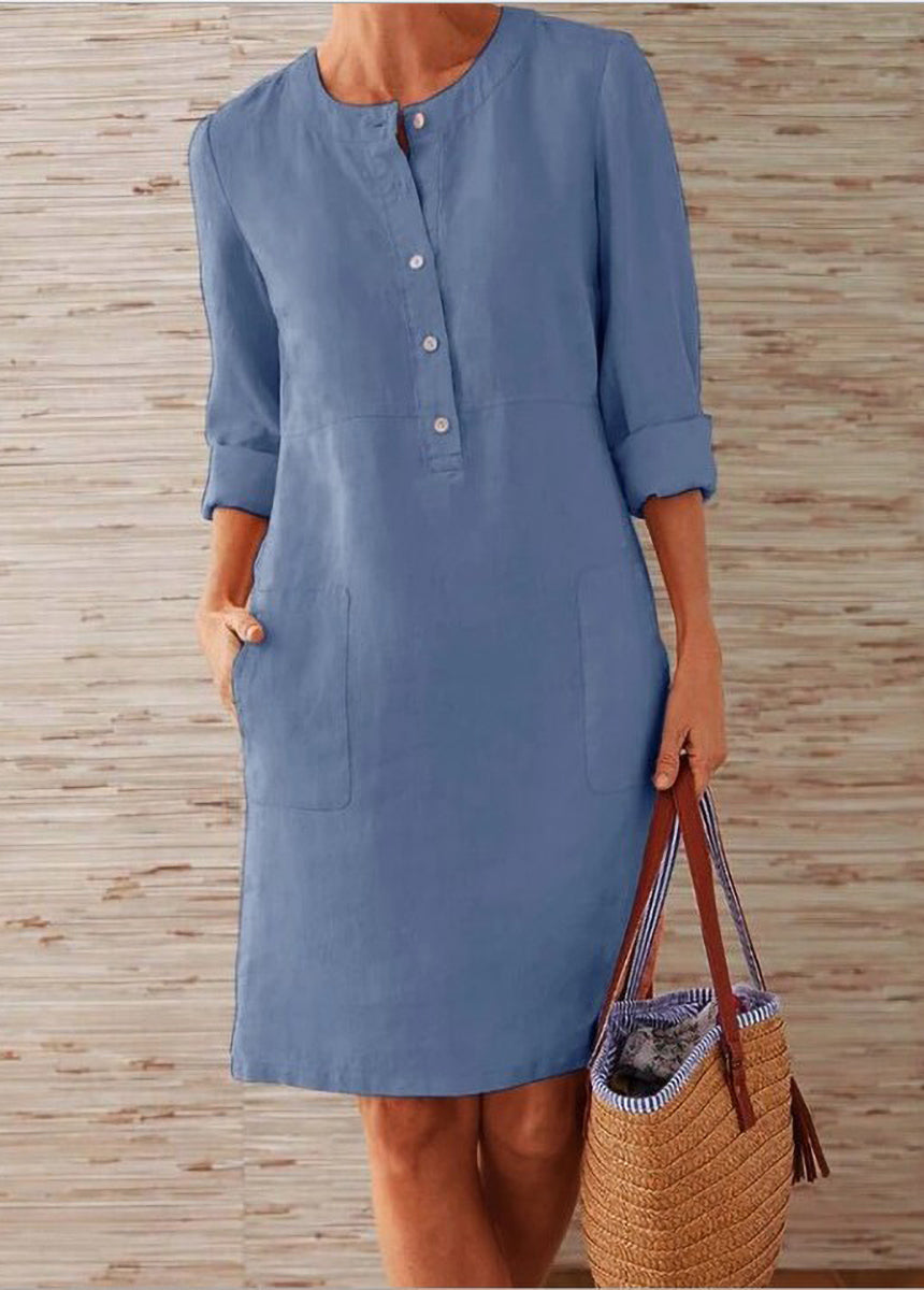 Cotton And Linen Round Neck Long-Sleeved Dress
