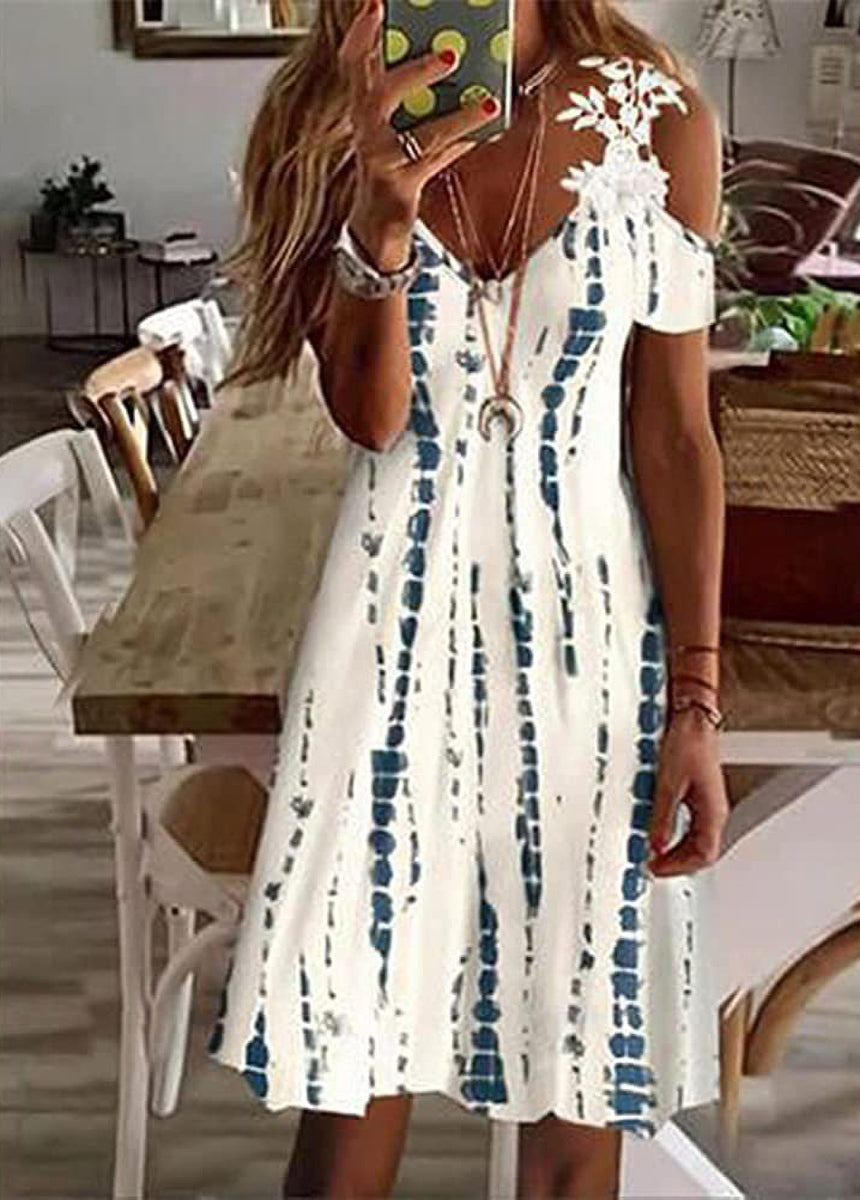 Feather Printed Lace Edge Off-The-Shoulder Ladies' Sling Dress