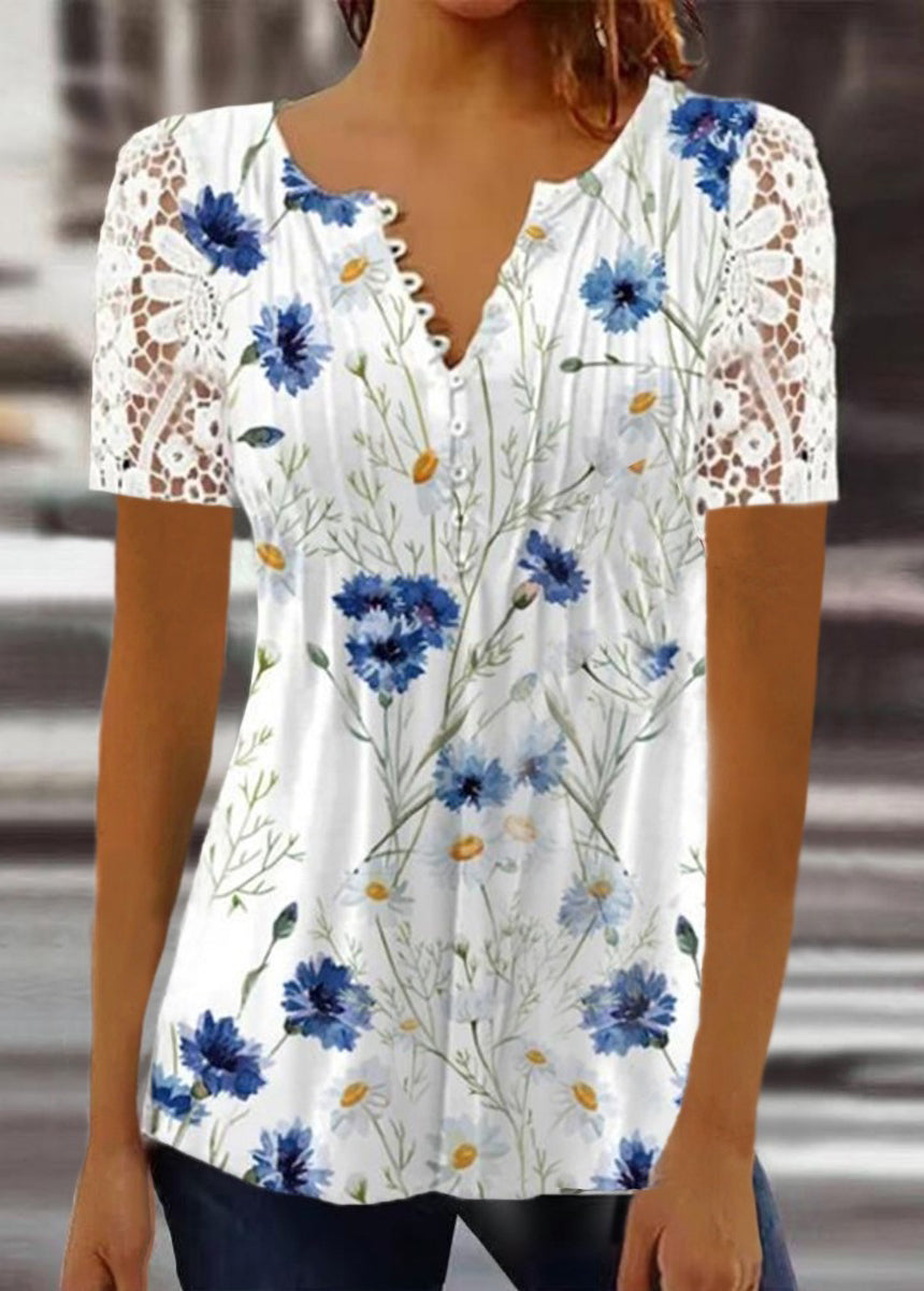 Lace Trim Pleated Solid Color Printed Button-Up Short Sleeve T-Shirt