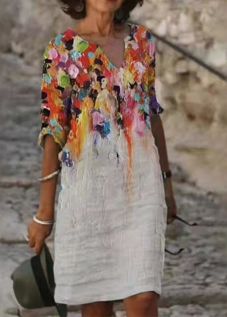 Bamboo And Linen Broken Flower Retro Literary Round Neck Short Sleeve Dress