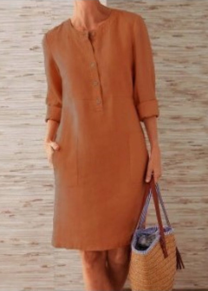 Cotton And Linen Round Neck Long-Sleeved Dress