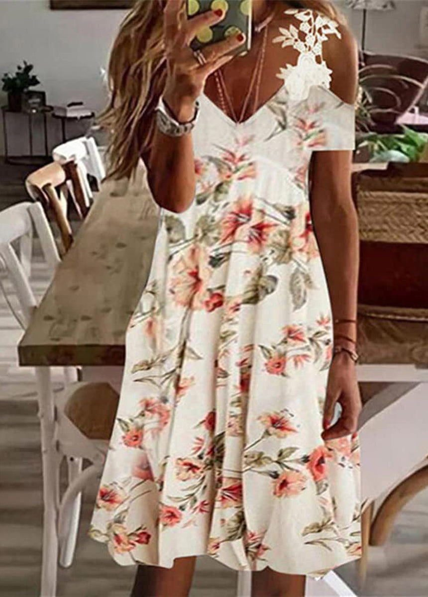 Feather Printed Lace Edge Off-The-Shoulder Ladies' Sling Dress