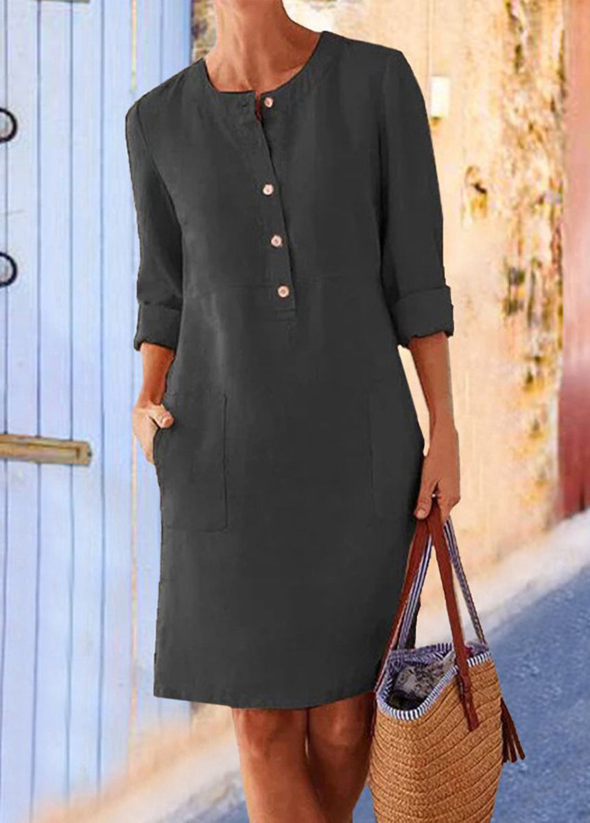 Cotton And Linen Round Neck Long-Sleeved Dress