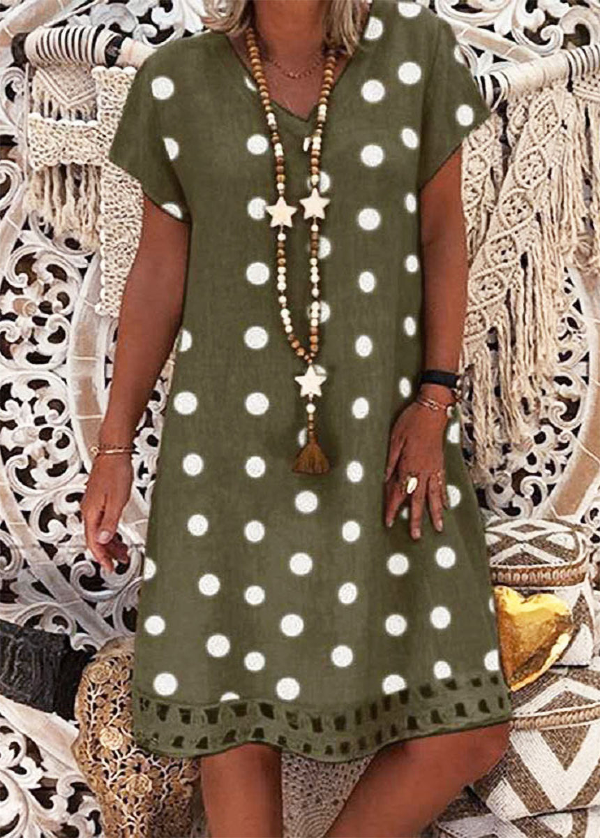 Fashionable Polka Dot Short Sleeve V-neck Print Dress