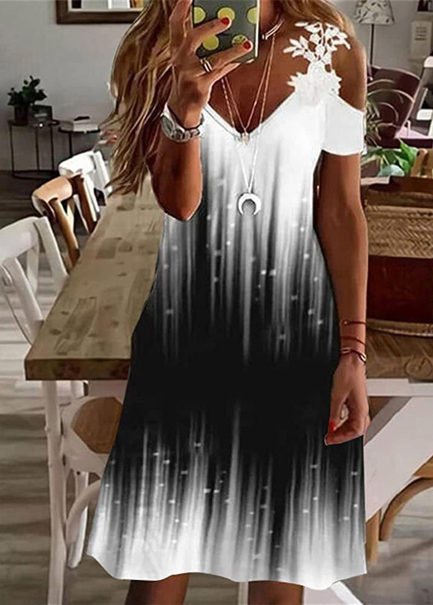 Feather Printed Lace Edge Off-The-Shoulder Ladies' Sling Dress