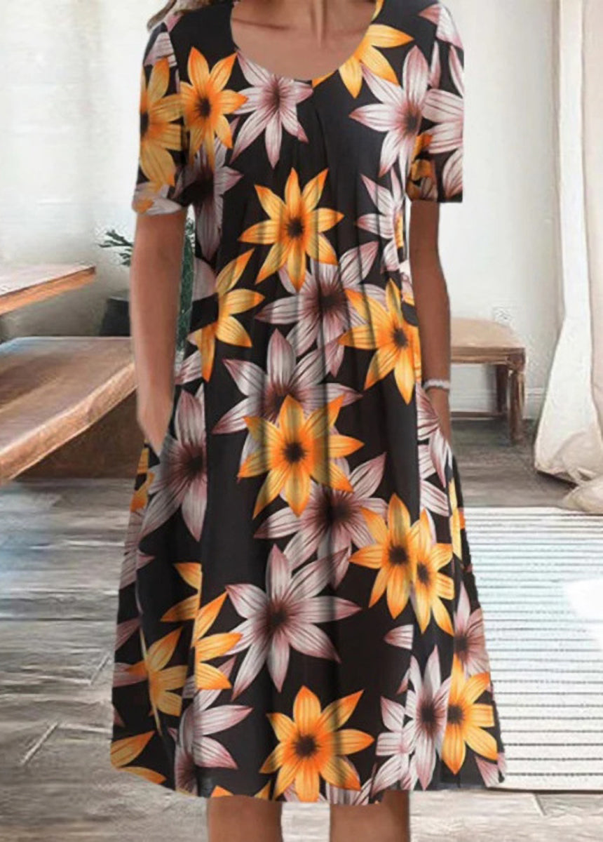 Printed Round Neck Short Sleeve Dress