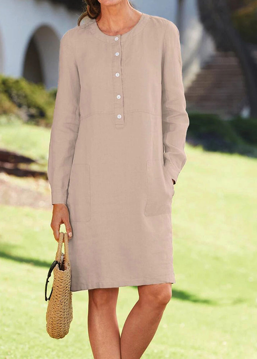 Cotton And Linen Round Neck Long-Sleeved Dress