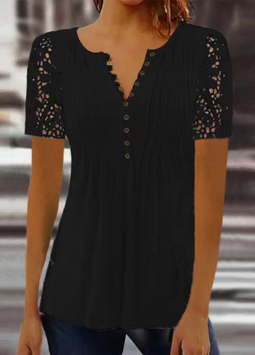 Lace Trim Pleated Solid Color Button-Up Short Sleeve T-Shirt