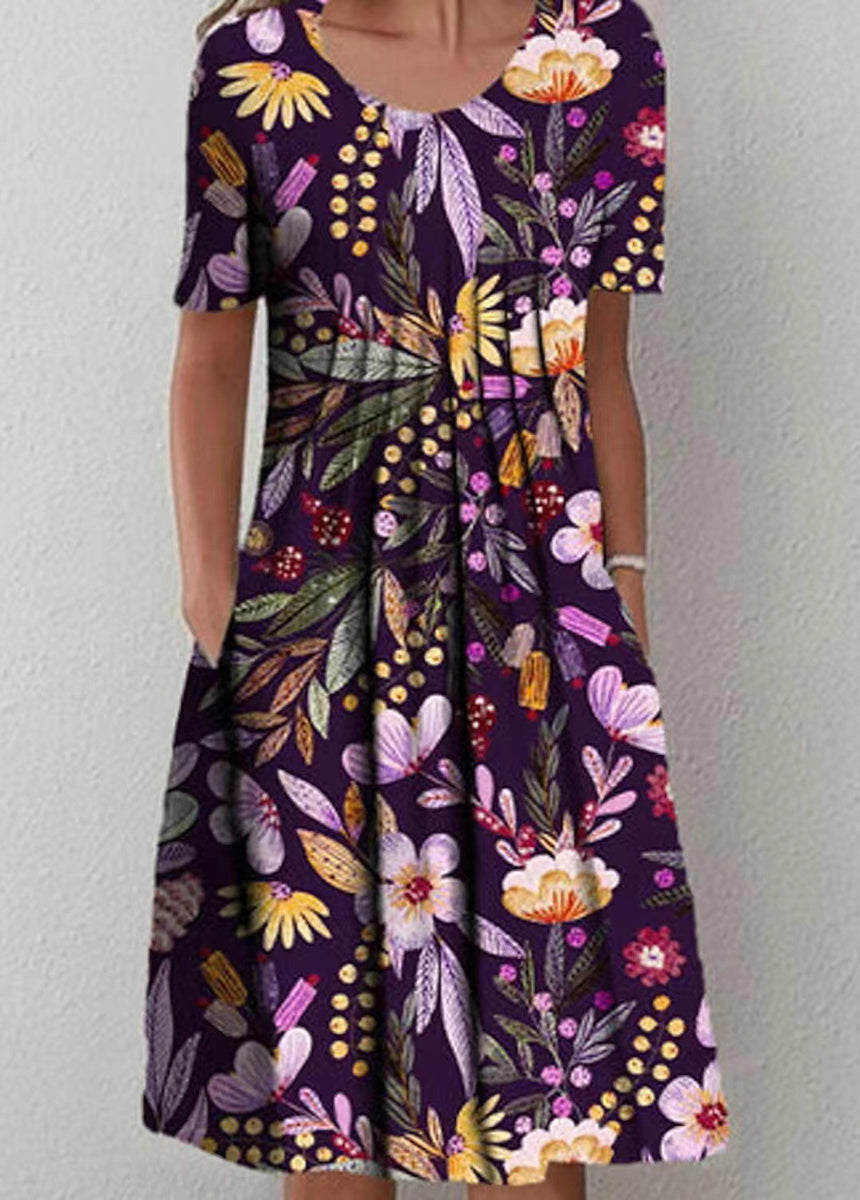 Printed Round Neck Short Sleeve Dress