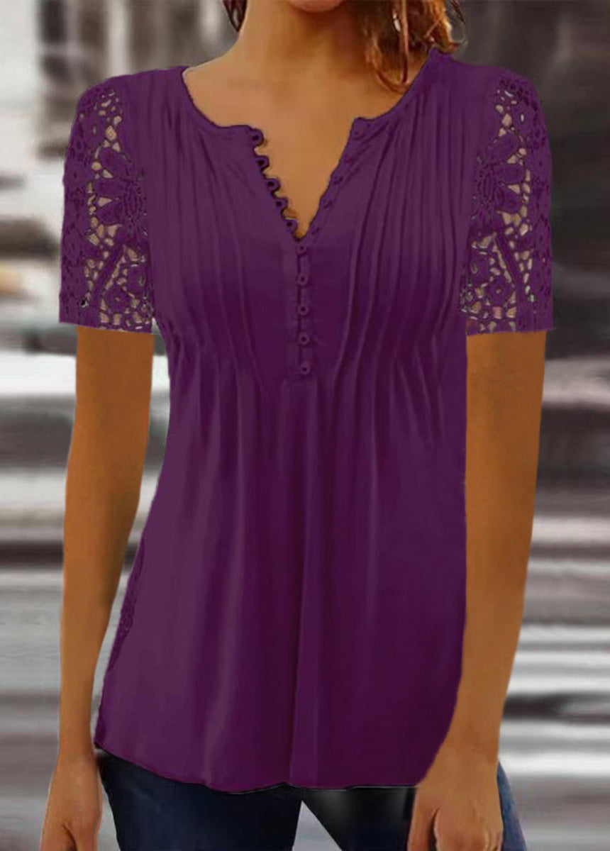 Lace Trim Pleated Solid Color Button-Up Short Sleeve T-Shirt