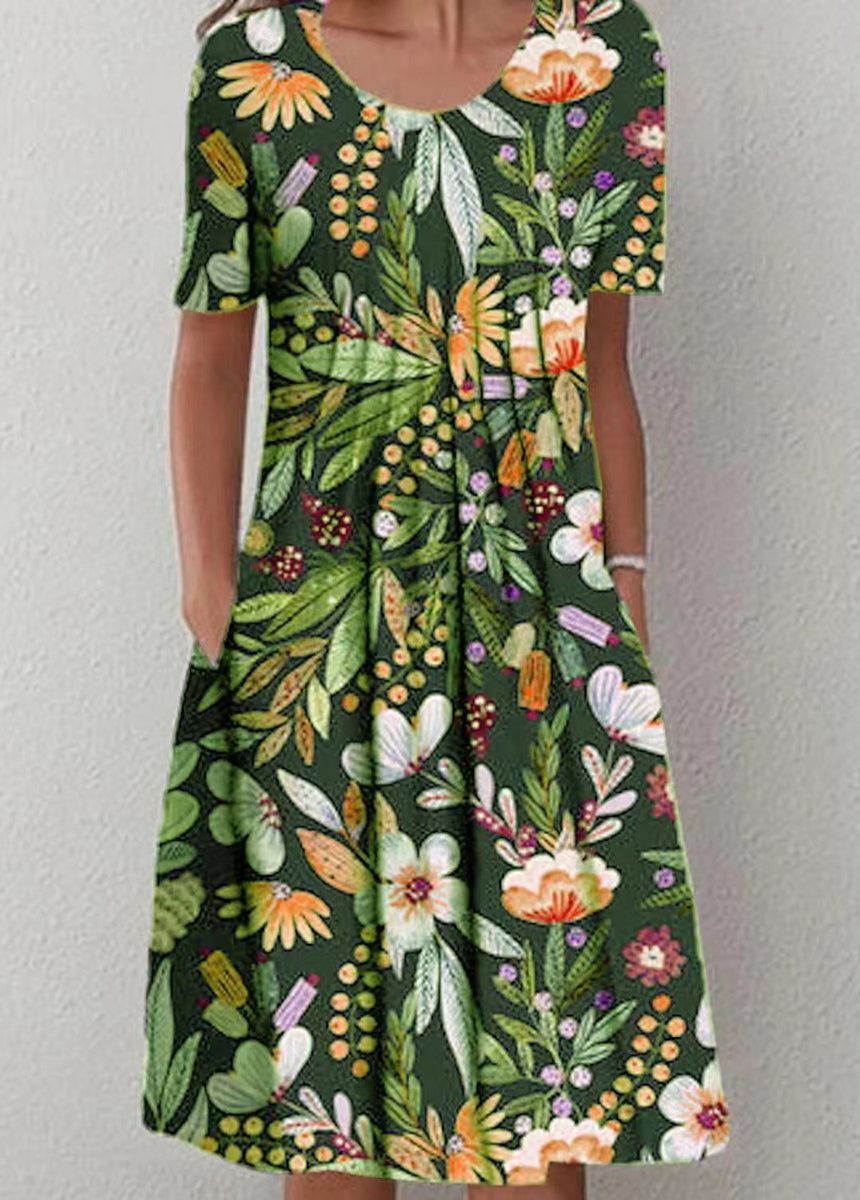 Printed Round Neck Short Sleeve Dress