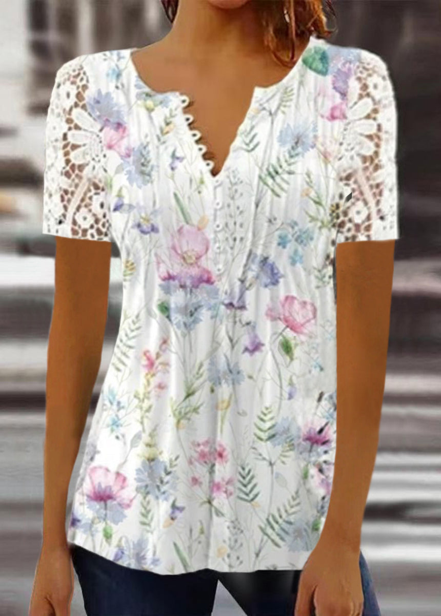 Lace Trim Pleated Solid Color Button-Up Short Sleeve T-Shirt
